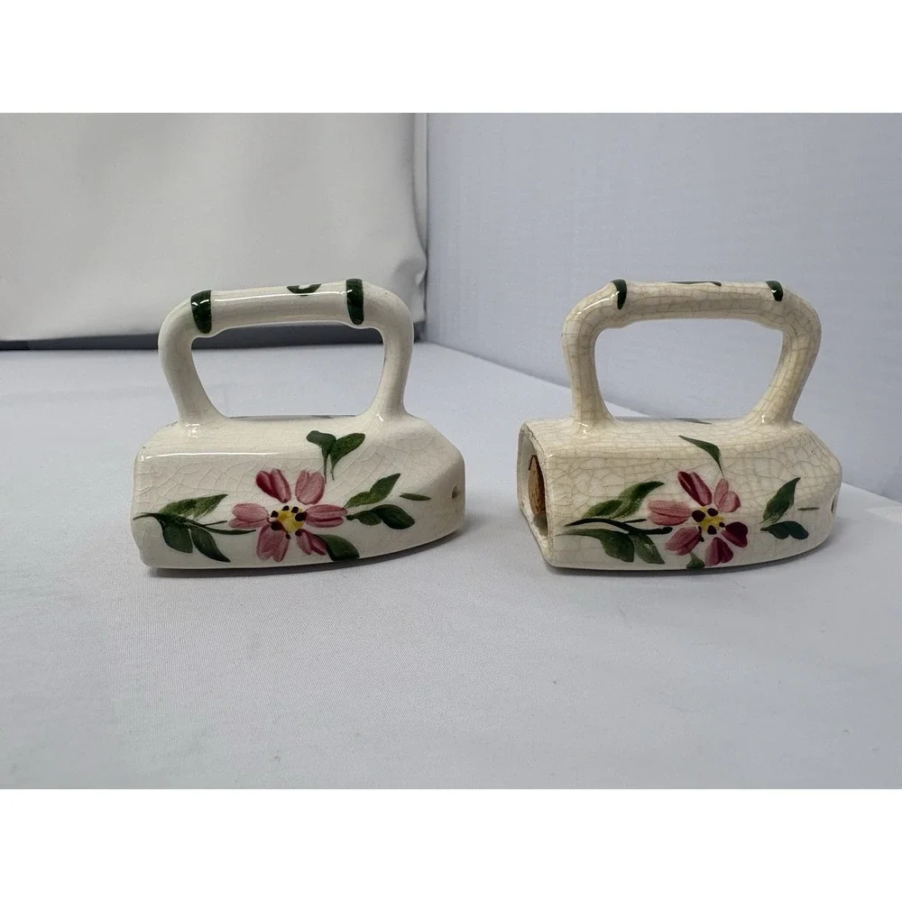 Vintage 50s Hand Painted Floral Ceramic Sad Iron Salt and Pepper Shakers Kitsch